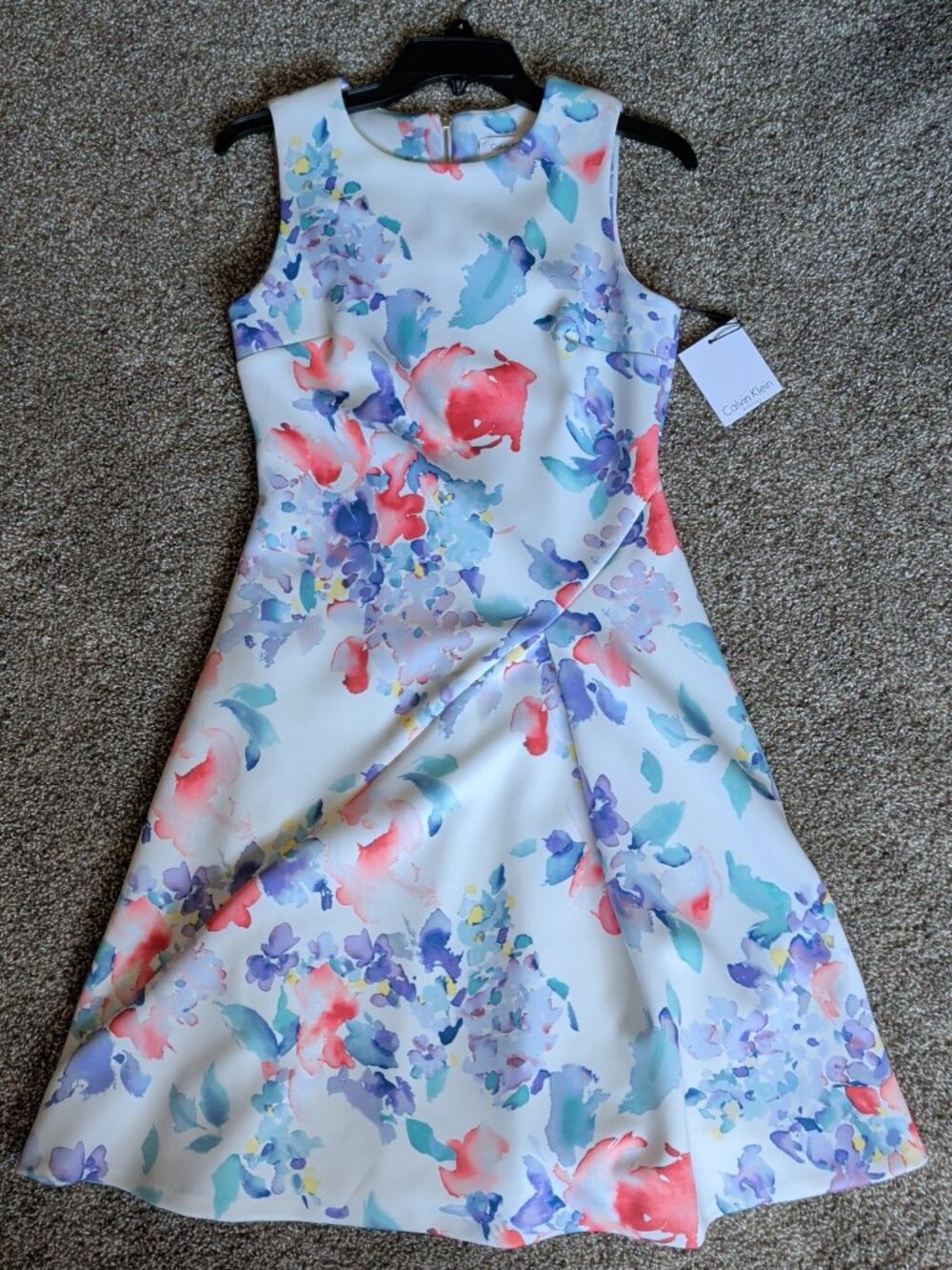 Calvin Klein Womens White Floral Size 4 Knee High Casual Cocktail Zip Back Dress